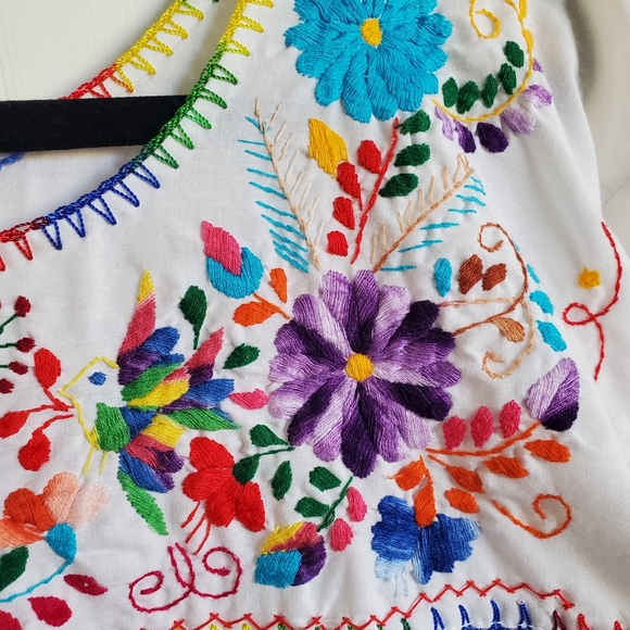 Vintage Mexican Colorful Rainbow Flower Embroider White Cotton Maxi House Dress - Picture 7 of 16